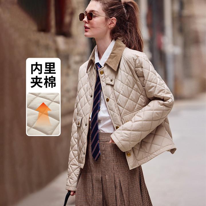 navigare意大利小帆船拼色翻领保暖女士外套复古菱格巴恩风冬装