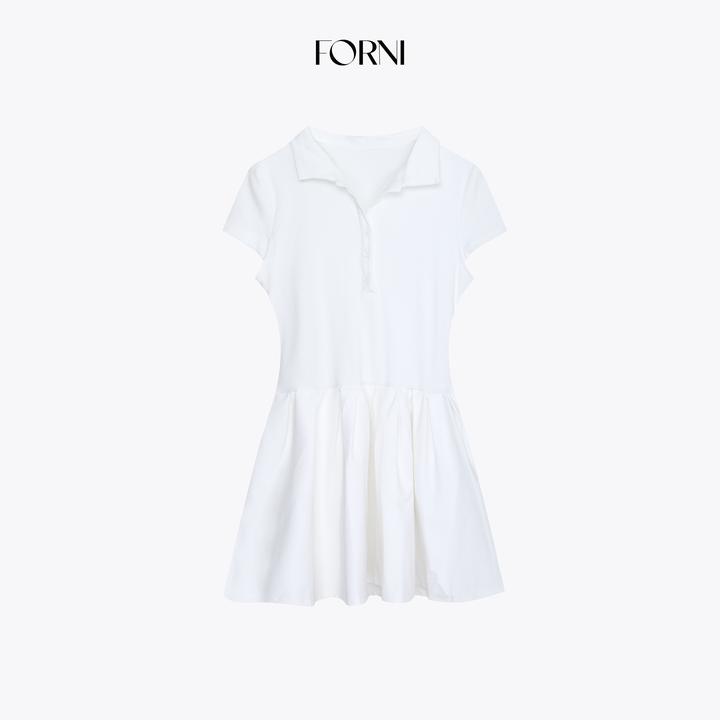 FORNI 等你下课 减龄学院风翻领短袖拼接针织缎面百褶连衣裙