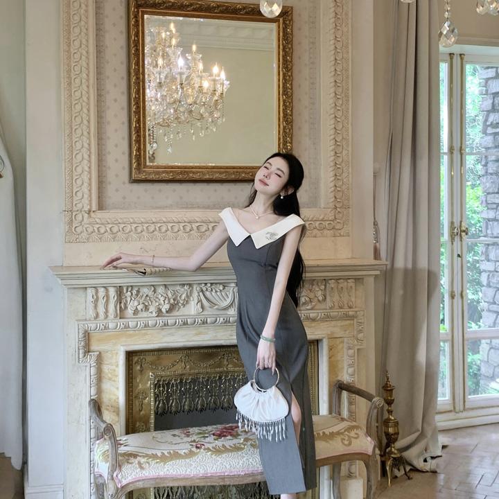 【雅乔定制】优雅日常高级感灰白撞色V领一字肩连衣裙DYYK-25052462