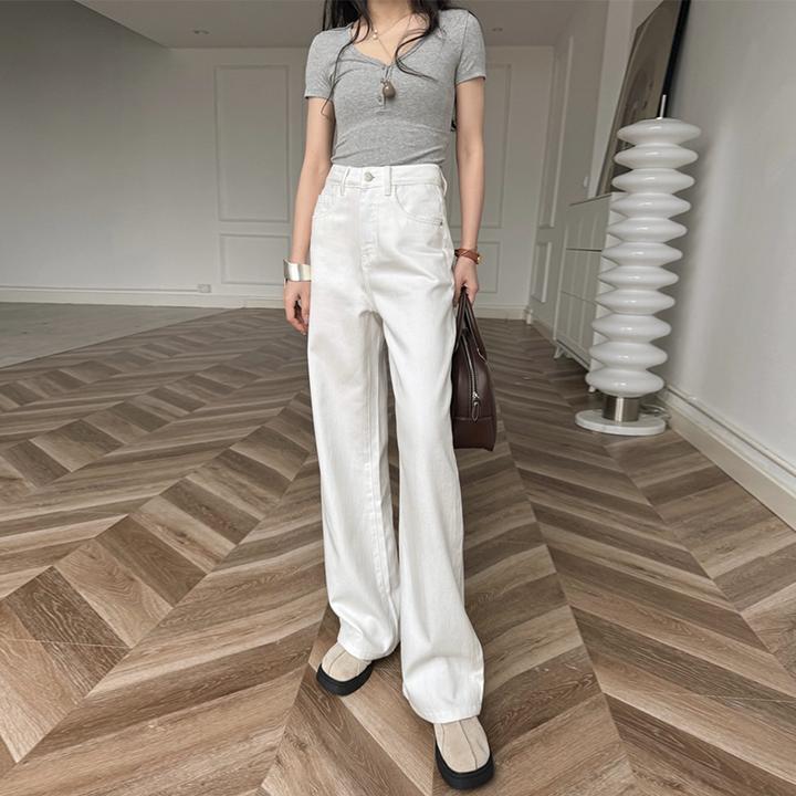 裤长115cm 白色窄版阔腿牛仔裤女秋冬加绒高腰垂感宽松显瘦直筒裤