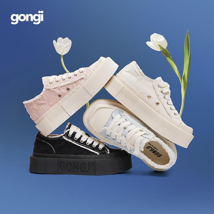 【于文文同款】gongji方头帆布鞋厚底增高小白鞋小众设计感板鞋女