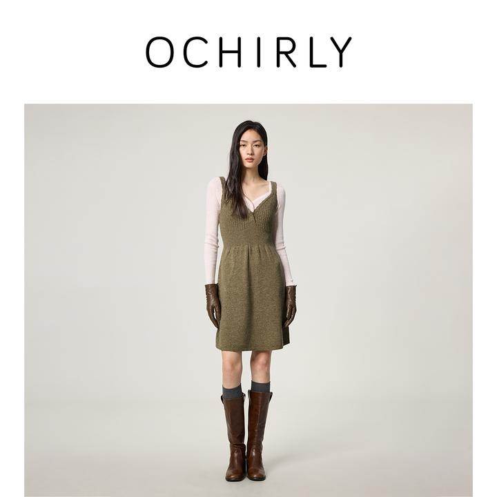 【新品】OCHIRLY欧时力 100%羊毛提花吊带毛织连衣裙收腰A字25冬