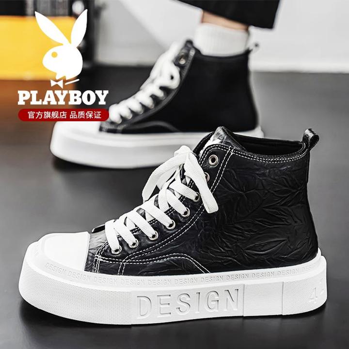 花花公子高帮男鞋冬季款潮流百搭运动休闲鞋防滑黑色耐磨厚底板鞋