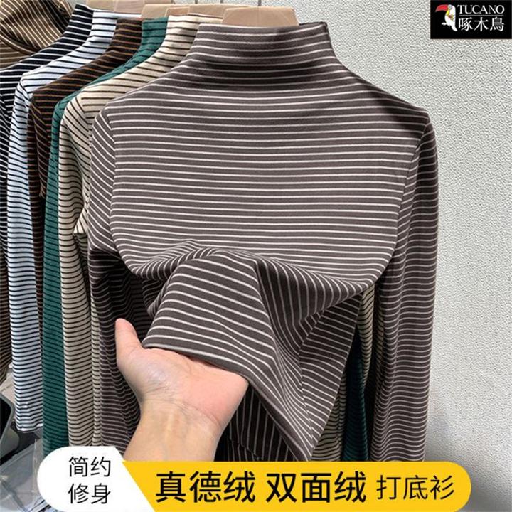 啄木鸟正品2025年新款修身显瘦上衣女冬季长袖条纹拼接半高领T恤