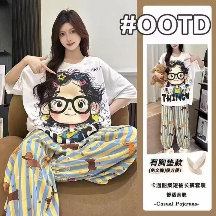 带胸垫云朵棉夏季睡衣女士短袖长裤束脚可外穿家居服【后背无图案】