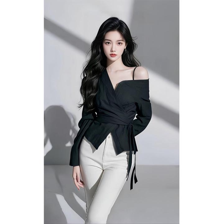 2025春季气质收腰上衣高级感轻奢超好看独特漂亮黑色露肩衬衫女装