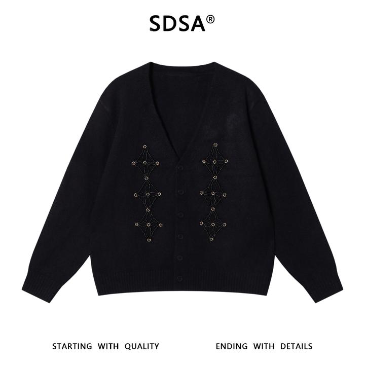 SDSA男士秋冬新款痞帅男装潮牌立体珠子V领开衫针织衫百搭毛衣