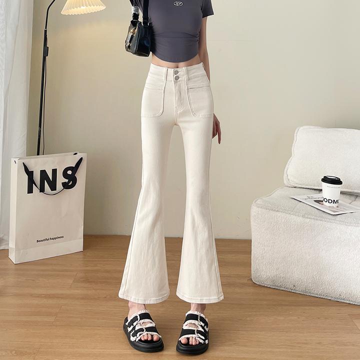 米白色九分微喇牛仔裤女春春秋2026年新款弹力小个子白色喇叭裤子