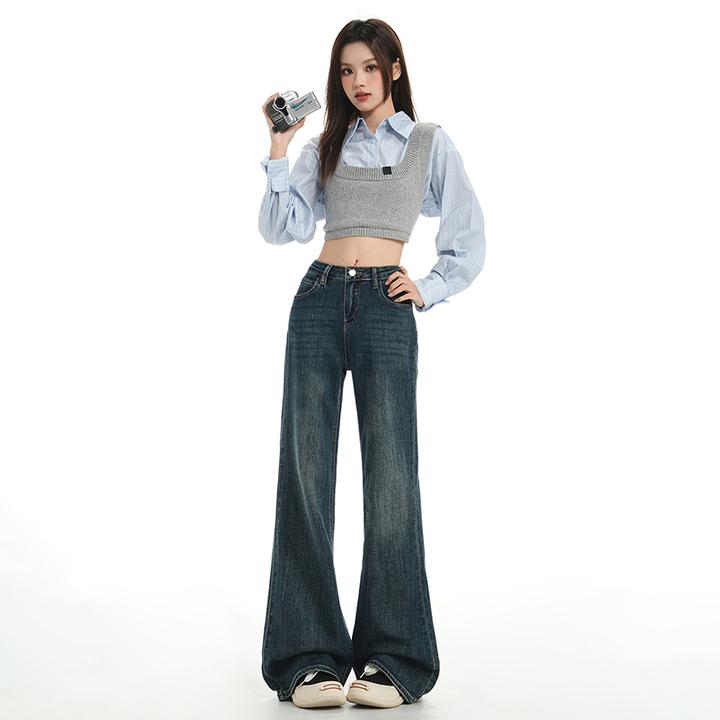 痞帅辣酷YKK复古时髦百搭显瘦微喇叭裤高腰直筒垂感设计感时尚