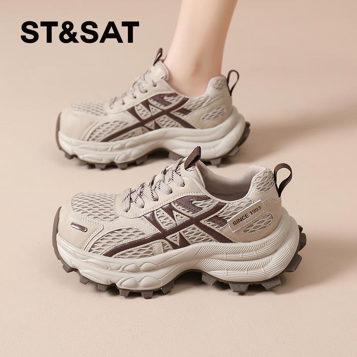 星期六网面鞋子女款爆款2025新款秋季百搭运动鞋增高时尚老爹鞋女