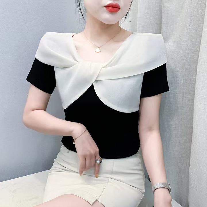 法式拼色蝴蝶结短袖T恤女新款气质时尚百搭修身显瘦透气轻奢上衣