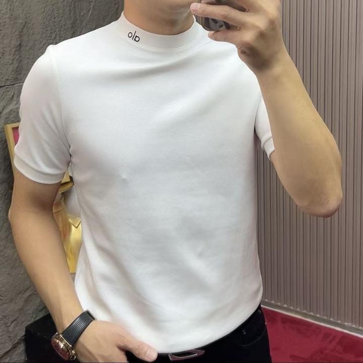 潮流轻奢男士半高领T恤气质纯色时尚老钱风短袖简约刺绣百搭上衣