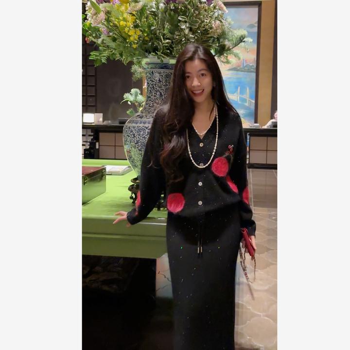 N.COU妮蔻25冬新款百搭优雅V领樱桃提花刺绣绵羊毛开衫DY10389