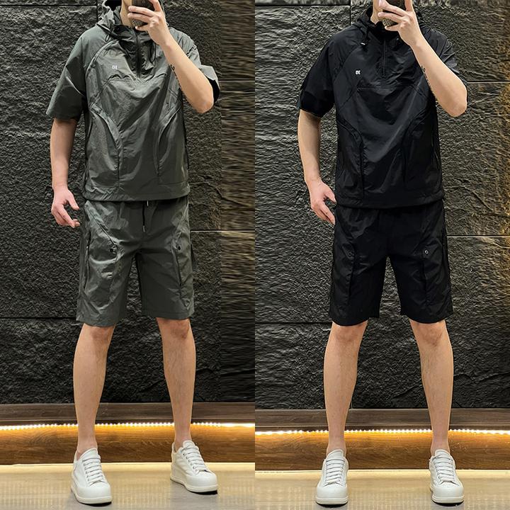 2025夏季工装连帽短袖套装男潮流宽松透气多口袋速干五分裤两件套