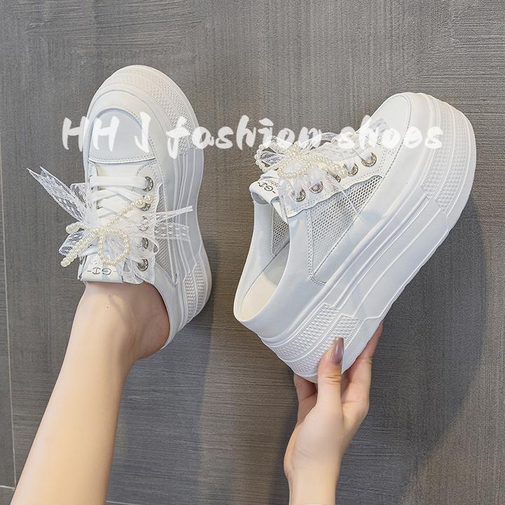 网面透气包头半拖鞋女2025夏新款百搭9CM厚底内增高无后跟小白鞋