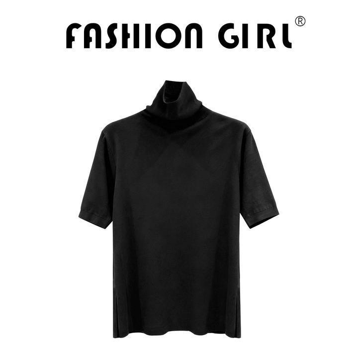 韩版简约时尚高领上衣开叉设计百搭女2025秋季新款气质内搭打底衫