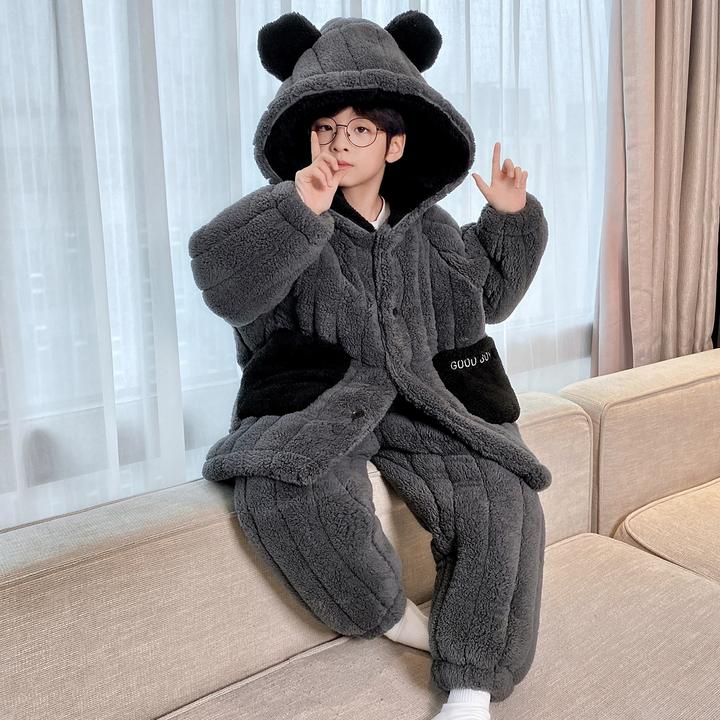男童睡衣冬季三层夹棉儿童新款法兰绒加绒加厚卡通连帽家居服套装
