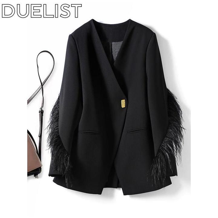DUELIST欧版高端西装外套新款上衣拼接羽毛时尚气质廓形设计西服