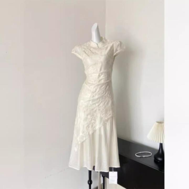 新中式刺绣立领连衣裙女2025夏季新款收腰不规则中国风改良长裙子