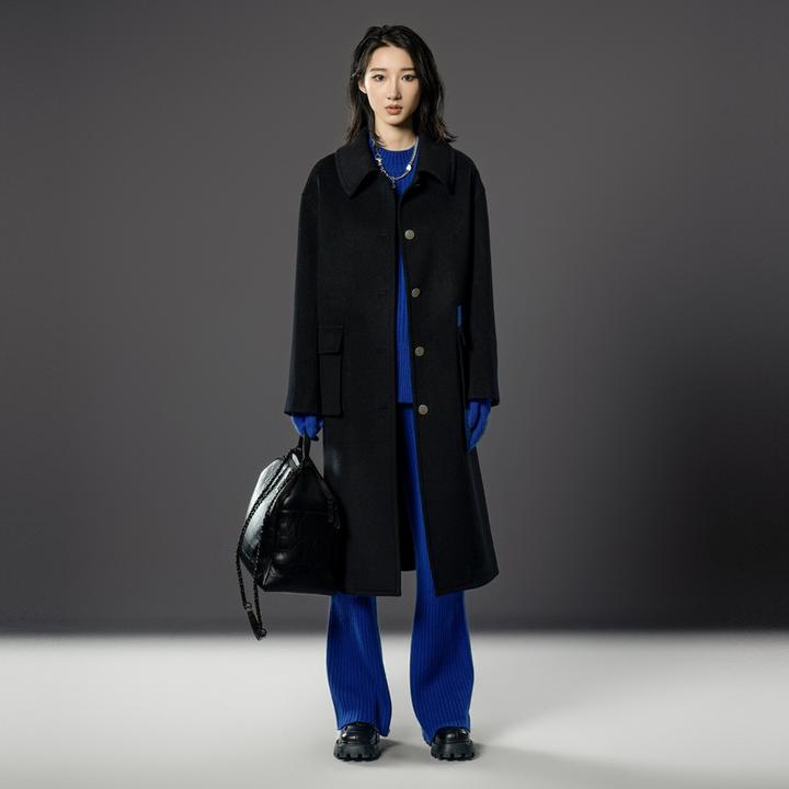 U/TI 绵羊毛混纺撞色设计感显瘦小翻领冬季百搭气质款双面呢大衣