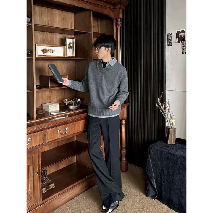 古着老钱风假两件V领仿羊绒polo氛围感小众设计感休闲老钱毛衣