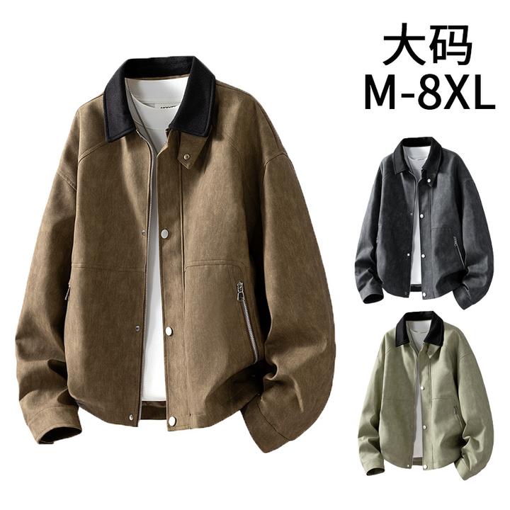大码美式复古翻领夹克男休闲潮流外套胖子宽松百搭上衣200-300斤