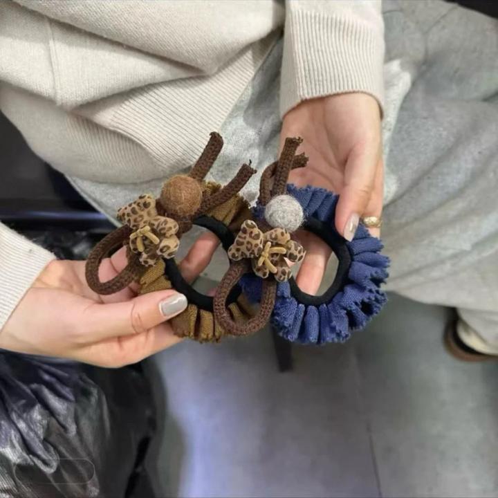 豹纹小熊毛球大肠发圈女高级感低马尾皮筋头花盘发丸子头绳发绳秋