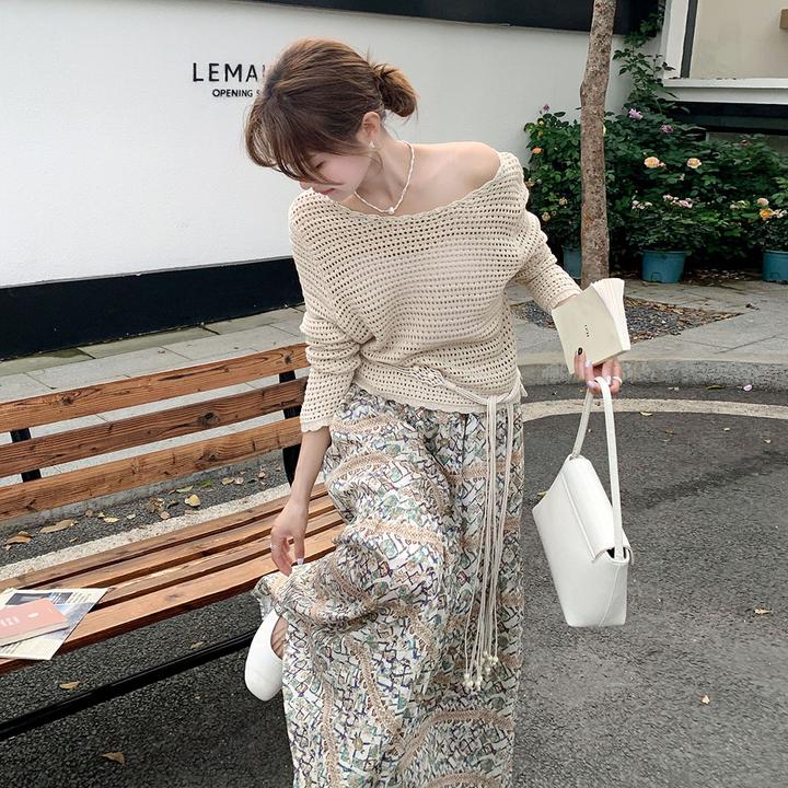 今年流行套装裙女夏季新款波西米亚风碎花半身裙镂空针织上衣套装