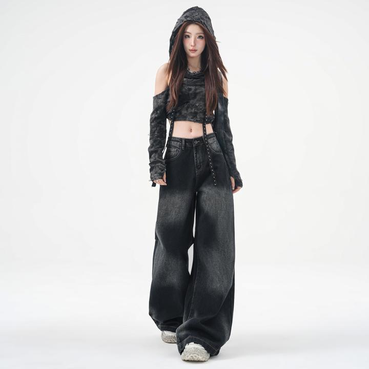 早秋新款港风美式复古辣妹潮流装新款阔腿裤直筒裤牛仔裤女