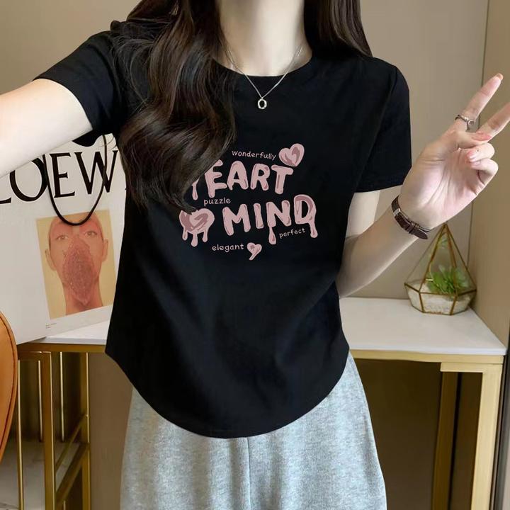 夏季新款设计感圆弧下摆印花短袖T恤女韩版简约圆弧下摆套头上衣