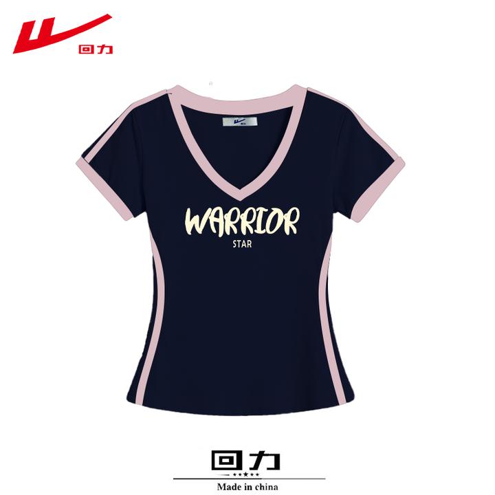 回力夏季美式夏装棉辣妹短袖T恤女常规修身插色V领多巴胺上衣服