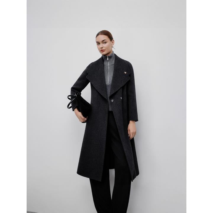 DUCURNO大翻领毛呢外套女冬季2026新款时尚气质显瘦宽松系带大衣