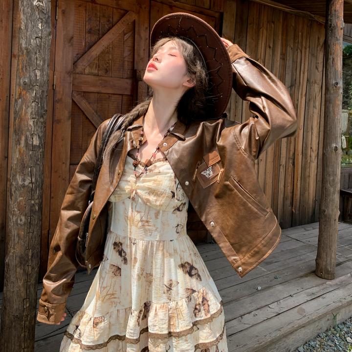 森女部落原创初秋复古甜酷棕色皮衣短外套女2025新款宽松长袖上衣