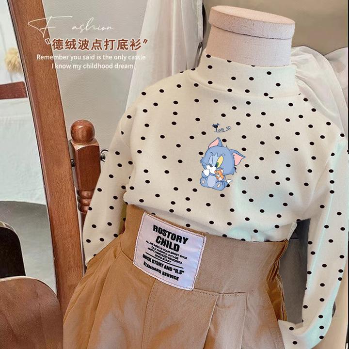 女童长袖德绒保暖上衣中大童上衣洋气波点长袖T恤圆领内搭上衣潮