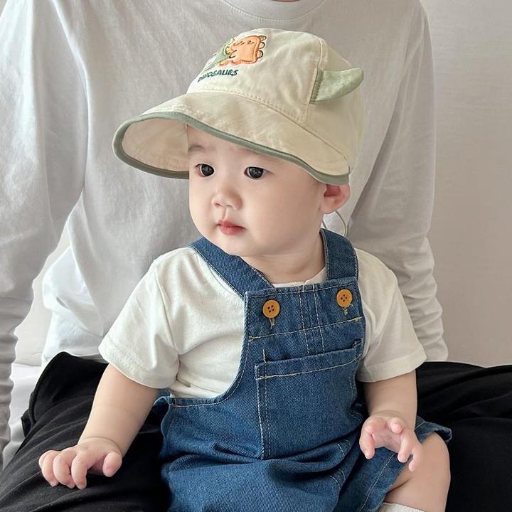 婴儿遮阳帽子春秋薄款男孩恐龙造型大檐防晒帽夏天宝宝棉渔夫帽