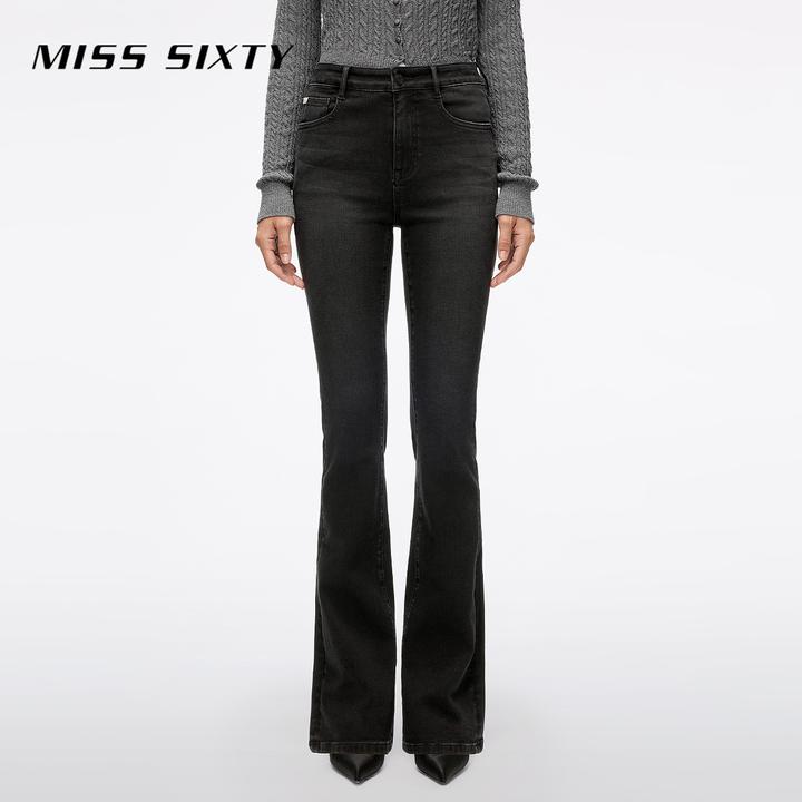 Miss Sixty2025秋季新款牛仔裤不规则中腰修身显瘦微喇叭裤流光风