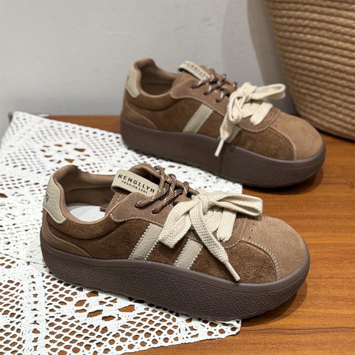 韩版复古圆头丑萌板鞋女2025新款秋超火百搭绒面双鞋带松糕摇摇鞋