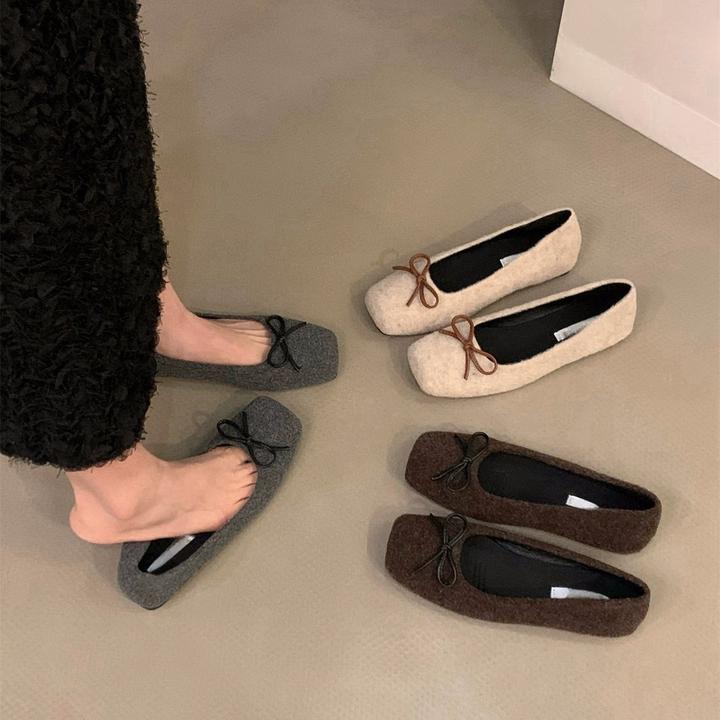 UHCK平底法式方头百搭单鞋女鞋子2025新款春秋季蝴蝶结复古绒面通