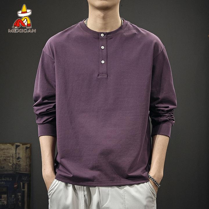 Mexican/稻草人美式潮牌亨利领长袖T恤男士秋季宽松休闲打底上衣t