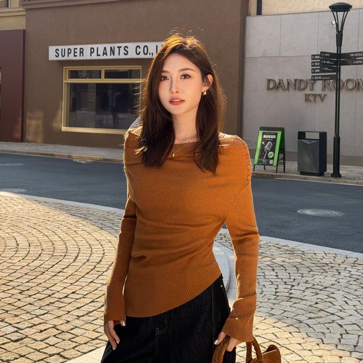 Moprobably李予诺「美女」时尚显瘦百搭一字肩套头针织衫L5476143