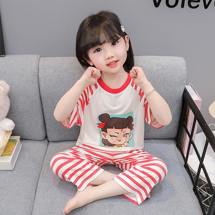 女童莫代尔睡衣夏季薄款女孩卡通哪吒空调服短袖儿童装家居服套装