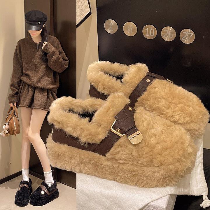 冬季新款厚底毛毛鞋女外穿加绒保暖豆豆鞋防滑百搭一脚蹬休闲棉鞋