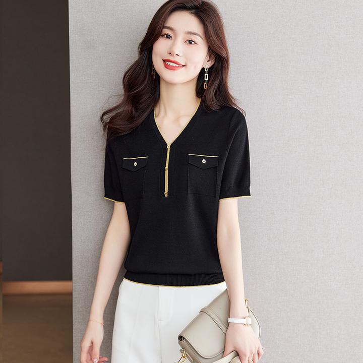 哥弟阿玛施官夏季桑蚕丝短袖t恤女装v领冰丝针织衫小香风上衣薄款