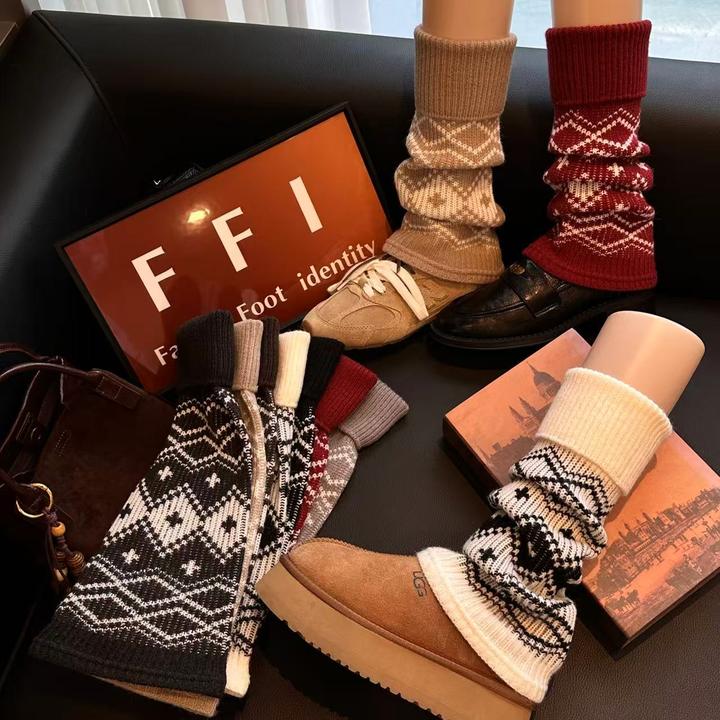 FFI秋冬费尔岛复古菱格小腿堆堆修饰腿型不掉筒保暖袜套