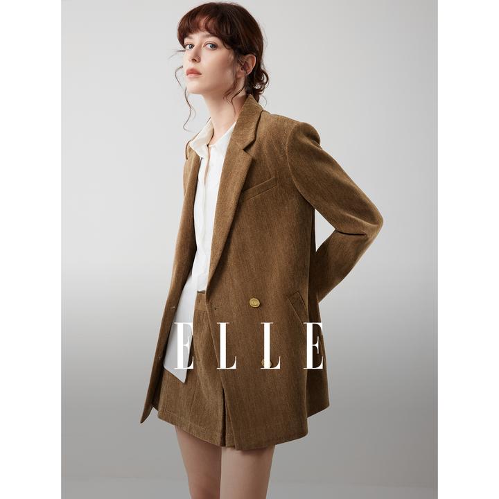 ELLE女装撞色绣花灯芯绒西装外套2025冬新款廓形西服EX52923