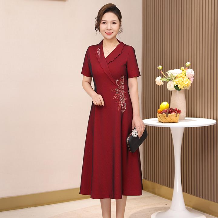 喜妈妈连衣裙大码国庆喜婆婆婚宴装洋气礼服喜庆订婚宴服送丈母娘