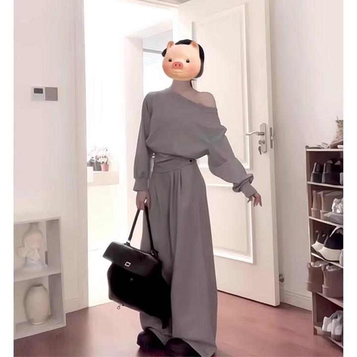 开春穿搭休闲运动套装2025春季新款女装灰色斜肩卫衣阔腿裤两件套