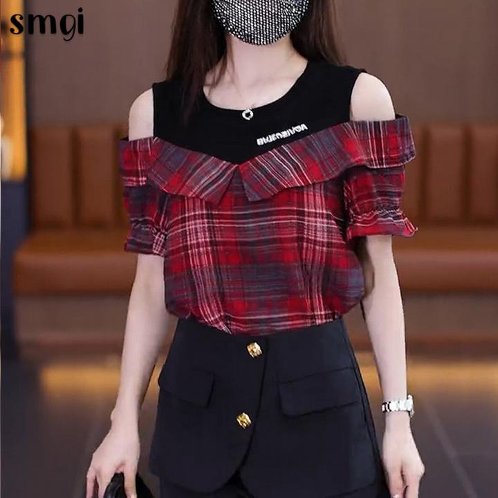 Z2025夏季新款露肩格子衬衫外穿短款衬衫洋气宽松显瘦百搭休闲上