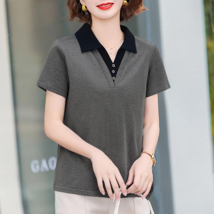 90支新疆长绒棉花假两件翻领短袖t恤女夏季2026新款洋气撞色上衣