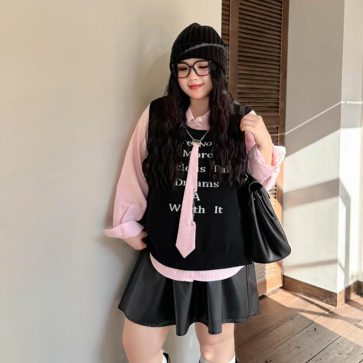 DC8337大码女装【甜酷学院风套装】秋冬提花针织背心格子衬衫两件套